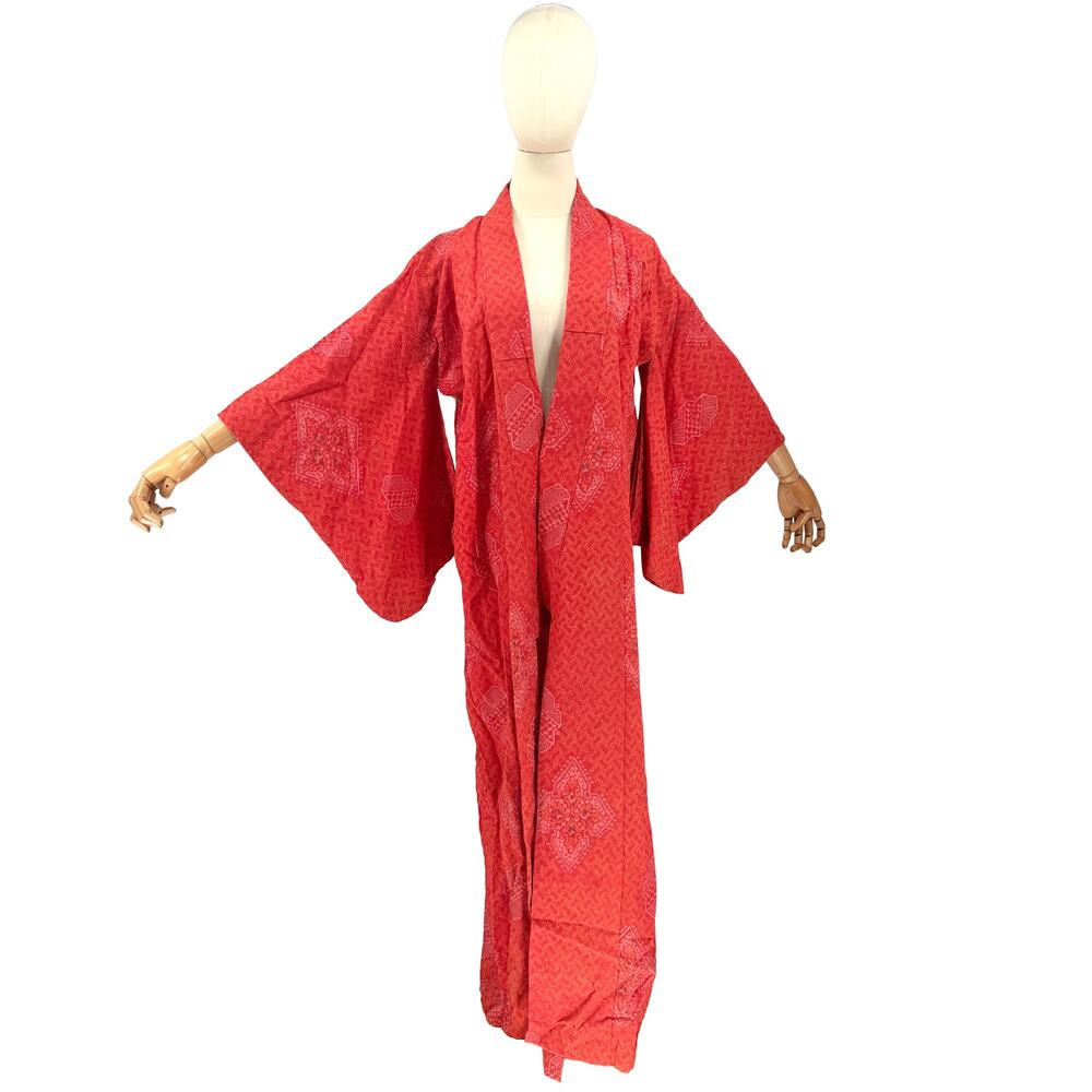 Vintage 50s Showa Era Red Orange 100% Woven Tsumugi Silk Kasuri Ikat Kimono Robe